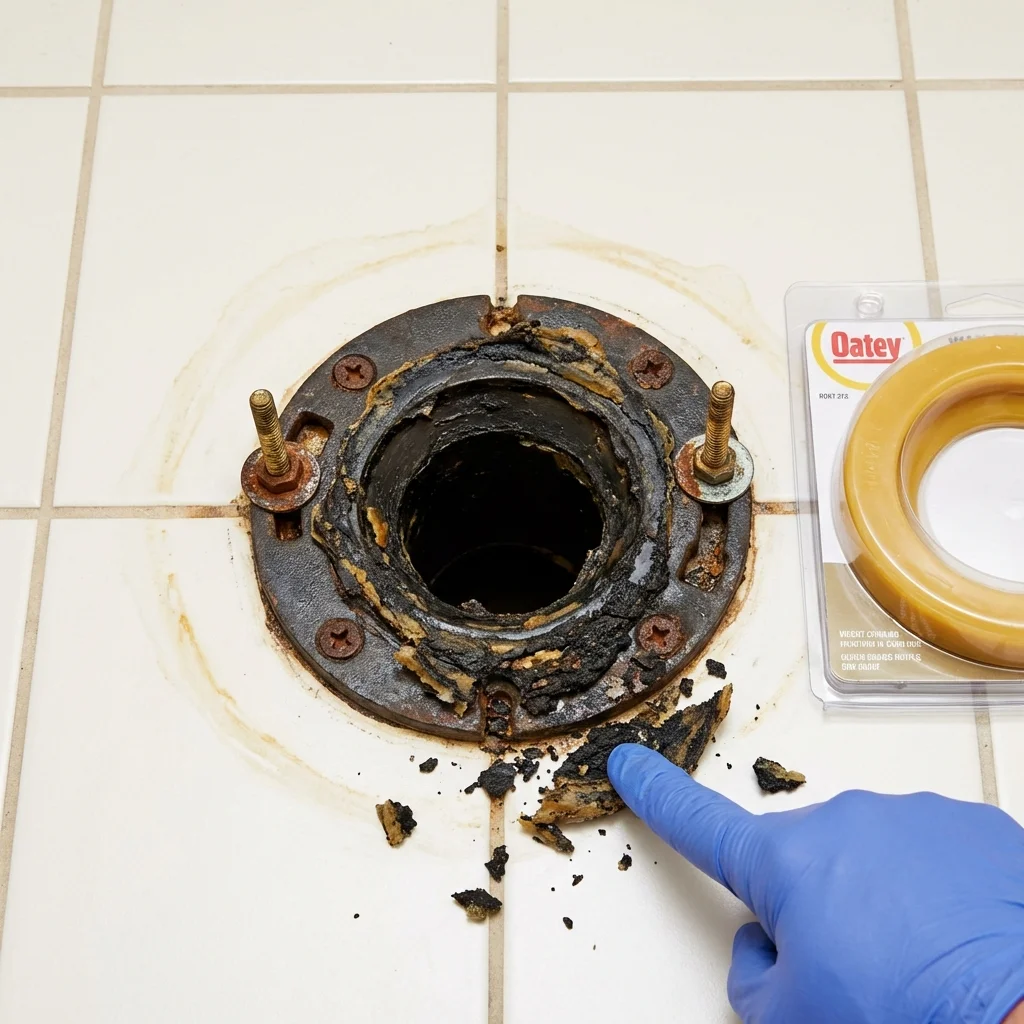 Failed wax ring showing water seepage at the base of a toilet in a Butler, GA home