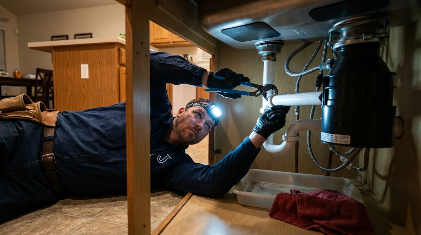 P-trap and supply line connections under a kitchen sink showing a common leak point in Butler, GA
